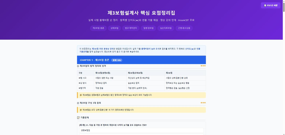제3보험 핵심 요점정리집 - 제1·2·3보험 비교표, 출제비중·난이도 표시